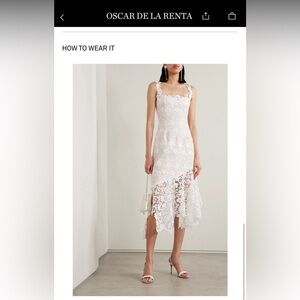 Oscar de la Renta asymmetric guipure lace-trimmed appliquéd tweed midi dress